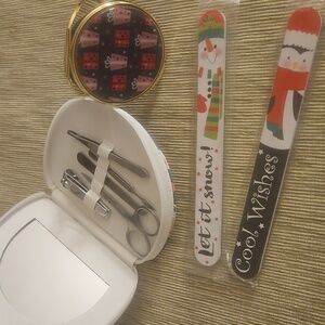 Gold Compact Mirror w/ Festive Design & Matching Manicure Set + 2 Emery Boards.